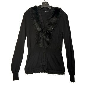 Dolce Cabo Women's Size XS Black Rabbit Fur Black Long Sleeve Top Blouse